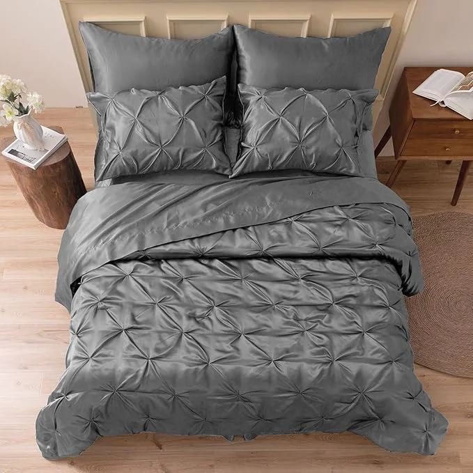 Fine Crafted MR amp HM Satin Comforter Twin 5 Pieces – Luxurious Pinch Pleat Bedding Set with Comforter Flat Sheet Fitted Sheet Pillowcase amp Sham Super Silky Soft Bed Set for All Season Twin Dark Grey Original