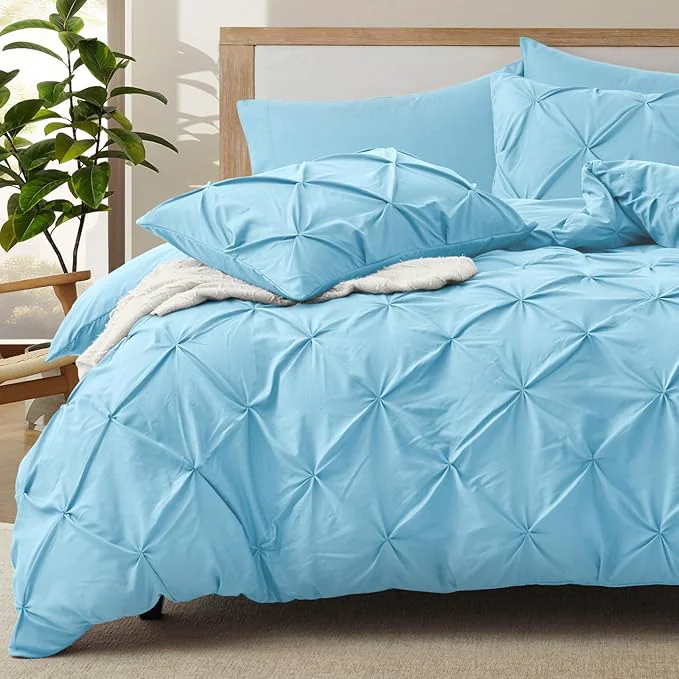 Effective VACVELT 5 Piece Pinch Pleated Duvet Cover Full Queen Size Set Light Blue Pintuck Duvet Cover with Zipper amp 8 Ties Shabby Chic Microfiber Duvet Cover 2 Pillow Shams 2 Pillowcases No Comforter Optimized