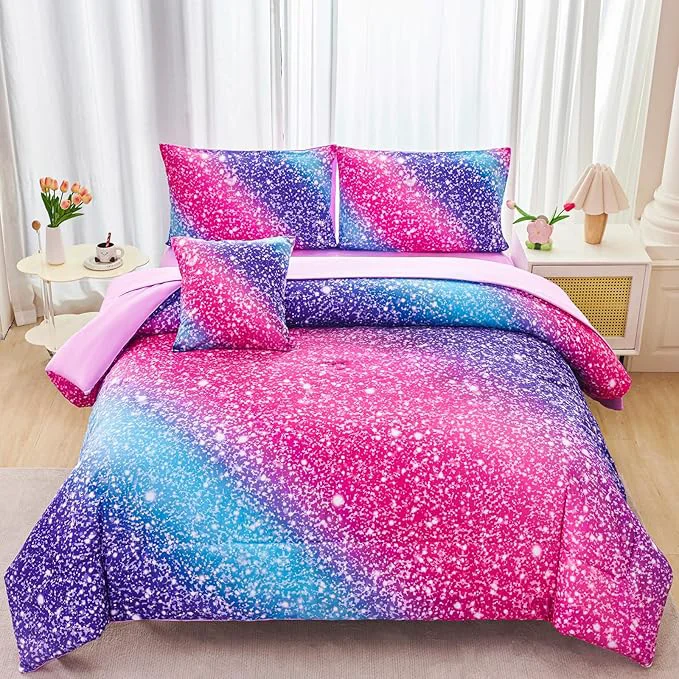 Top-Quality RYNGHIPY Rainbow Bed in A Bag Twin Size Girly Pink Purple Blue Gradient Galaxy Print Comforter Set with Sheets Pillowcases Proven