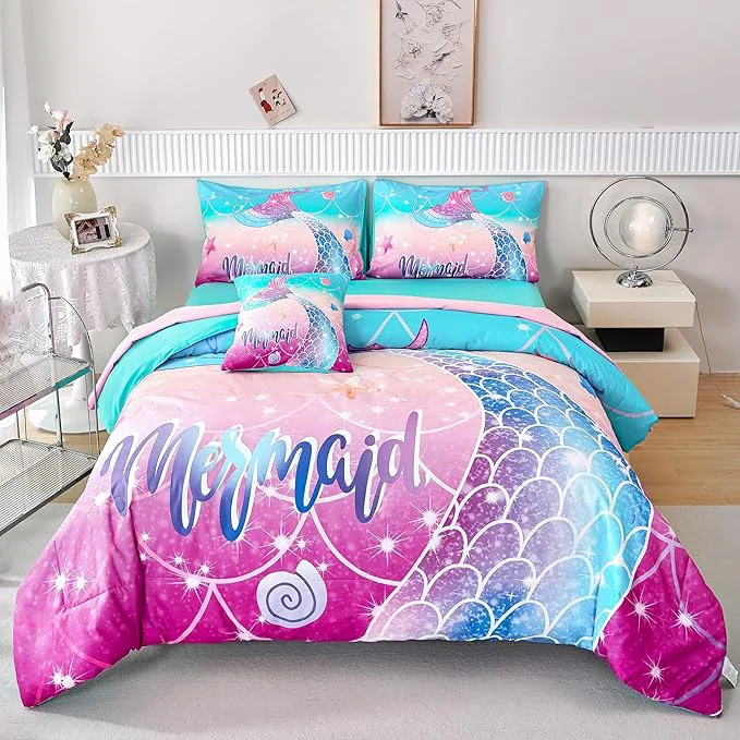 Artisan RYNGHIPY Kids Girls Comforter Set 6Pcs Mermaid Bed in a Bag Queen Size Fish Tail Print Teens Girls Bedding Set Rainbow Bedding Collections User-Friendly