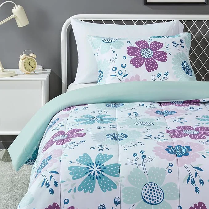 Carefully Designed Amazon Basics 2-Piece Soft All-Season Microfiber Kids 39 Comforter and Pillow Sham Set Twin Purple Flowers Bluish Pink Easy-to-Use