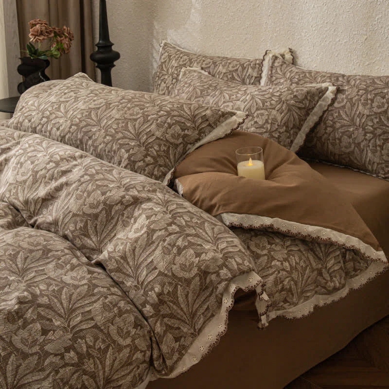 Authentic Ownkoti Vintage Leaf Lace Brushed Cotton Bedding Set Sustainable
