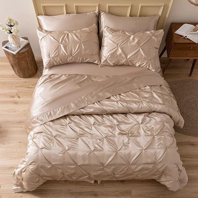 Premium MR amp HM Satin Comforter Twin XL 5 Pieces – Luxurious Pinch Pleat Bedding Set with Comforter Flat Sheet Fitted Sheet Pillowcase amp Sham Super Silky Soft Bed Set for All Season Twin XL Champagne Secure
