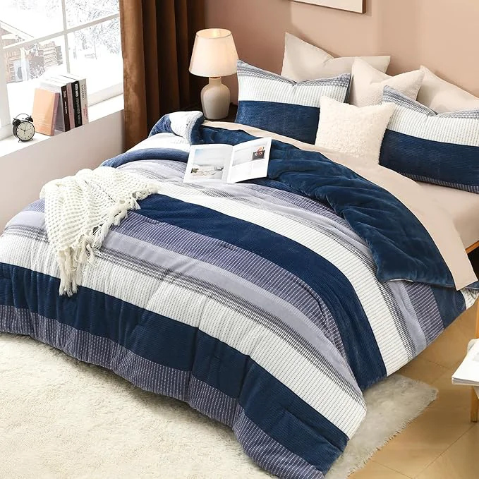 Proven Litanika Fluffy Fleece Queen Comforter Set Luxury Soft Plush Fuzzy Mineral Blue Stripe Bedding Comforter Sets Warm Shaggy Faux Fur Bed Set All Season 1 Comforter 2 Pillowcases Enhanced