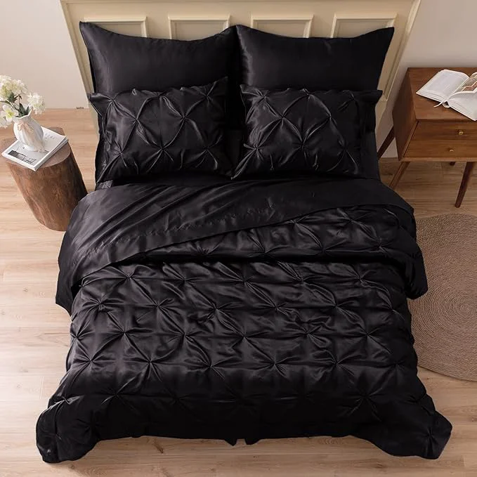 Unique MR amp HM Satin Comforter Full 7 Pieces – Luxurious Pinch Pleat Bedding Set with Comforter Flat Sheet Fitted Sheet Pillowcases amp Shams Super Silky Soft Bed Set for All Season Full Black Outstanding