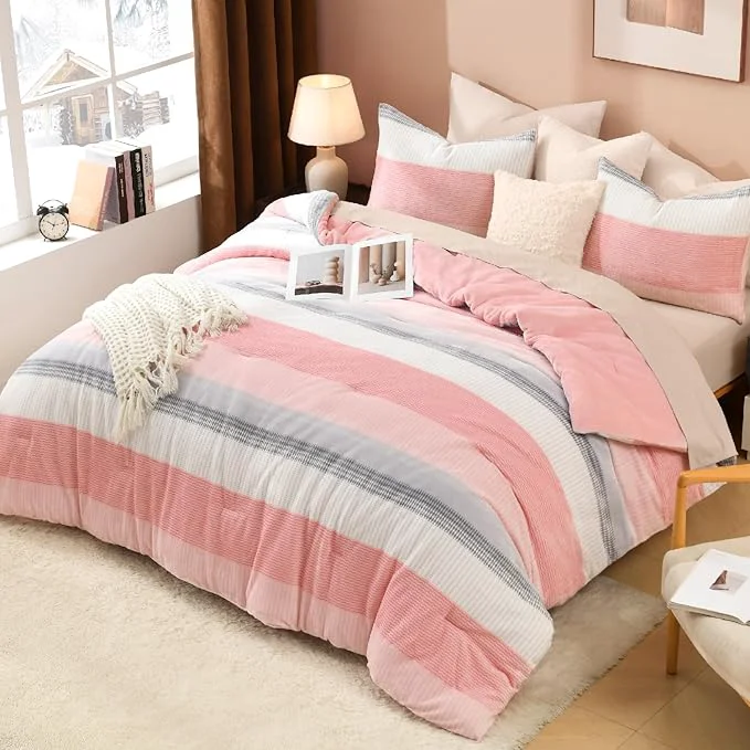 Enhanced Litanika Fluffy Fleece King Size Comforter Set Luxury Soft Plush Fuzzy Blush Stripe Bedding Comforter Sets Warm Shaggy Faux Fur Bed Set All Season 1 Comforter 2 Pillowcases Official