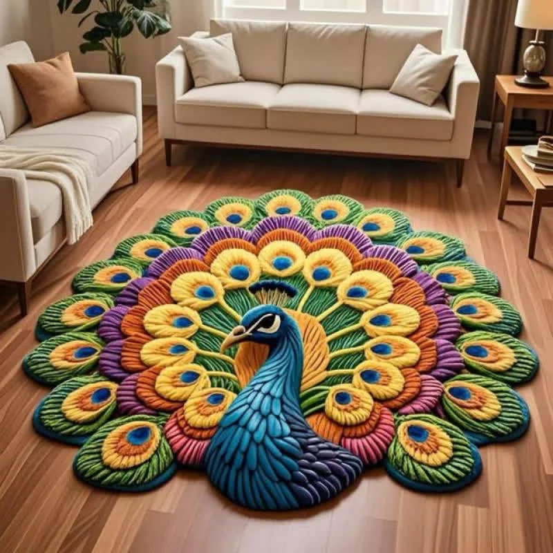 World-Class Ownkoti Peacock Floral 3D Effect Rug Reusable
