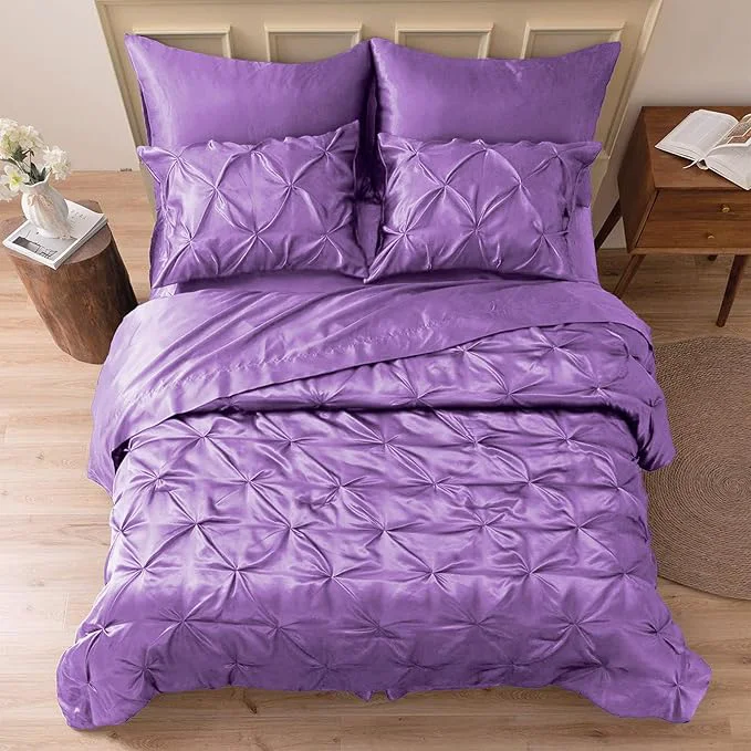 High-Grade MR amp HM Satin Comforter Queen 7 Pieces – Luxurious Pinch Pleat Bedding Set with Comforter Flat Sheet Fitted Sheet Pillowcases amp Shams Super Silky Soft Bed Set for All Season Queen Lavender Safe