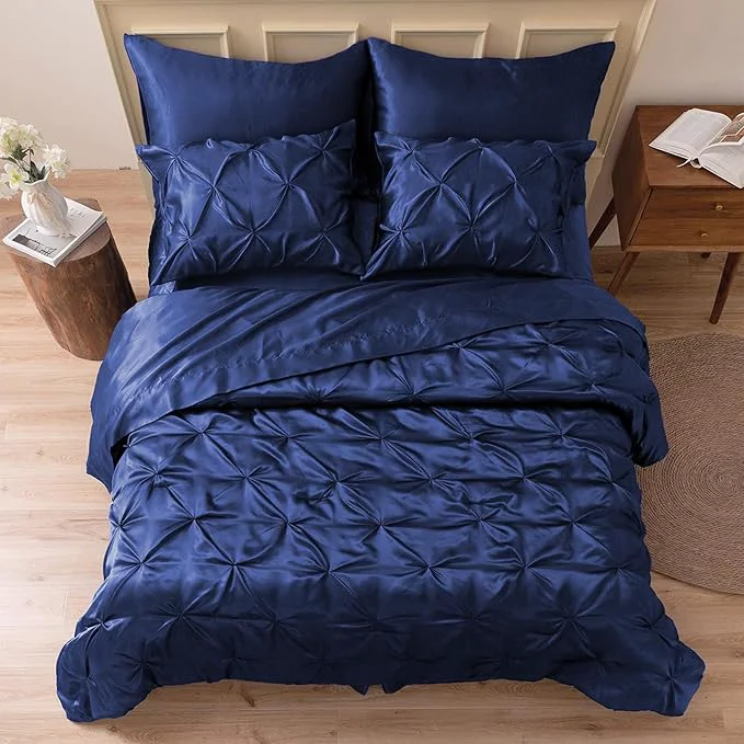 Minimalist MR amp HM Satin Comforter Twin 5 Pieces – Luxurious Pinch Pleat Bedding Set with Comforter Flat Sheet Fitted Sheet Pillowcase amp Sham Super Silky Soft Bed Set for All Season Twin Navy Blue Elite