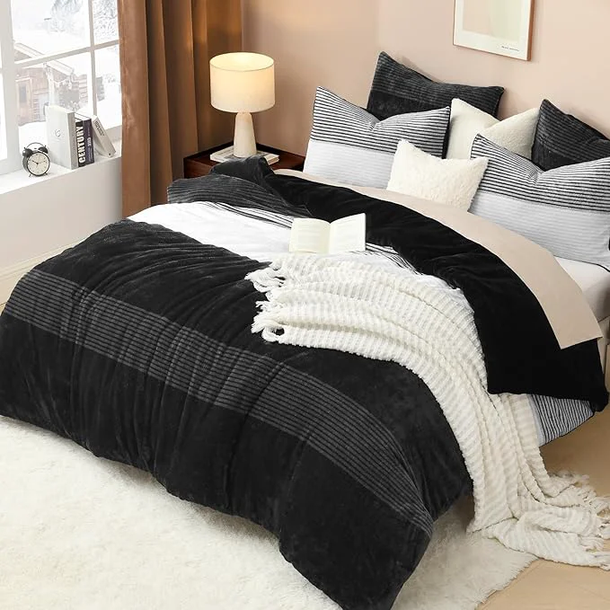 Unique Litanika Fluffy Fleece King Size Comforter Set Luxury Soft Plush Fuzzy Black amp White Stripe Bedding Comforter Sets Warm Shaggy Faux Fur Bed Set All Season 1 Comforter 2 Pillowcases Authentic
