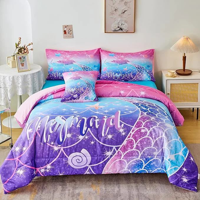 Quality RYNGHIPY Mermaid Comforter Set 6Pcs Kids Gilrs Bed in a Bag Full Size Mermaid Tail Print Teens Girls Bedding Set Rainbow Bedding Collections Practical