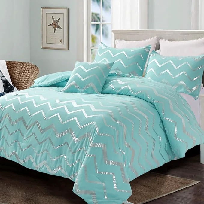 Reusable Menghomeus Aqua Comforter Set King Metallic Teal and Silver Bed Comforter 4 Piece Soft Microfiber Bedding for Teen Girls Women 2 Pillow Shams 1 Decorative Pillow Sham High-Grade