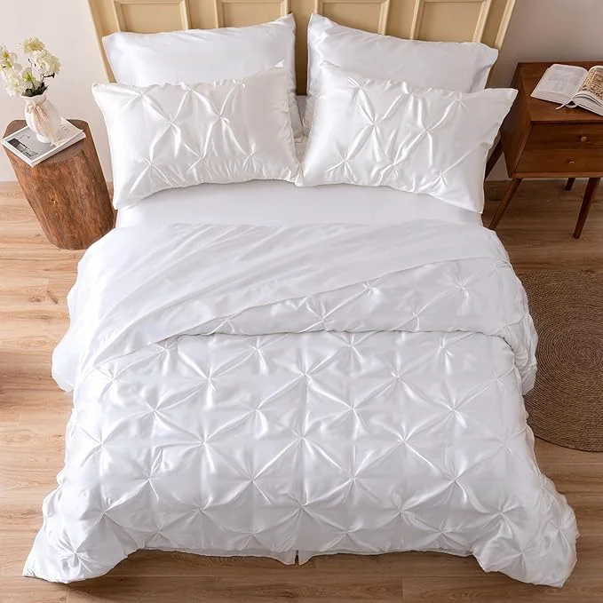 Exclusive MR amp HM Satin Comforter California King 7 Pieces White – Luxurious Pinch Pleat Bedding Set with Comforter Flat Sheet Fitted Sheet Pillowcases amp Shams Super Silky Soft Bed Set for All Season Dependable