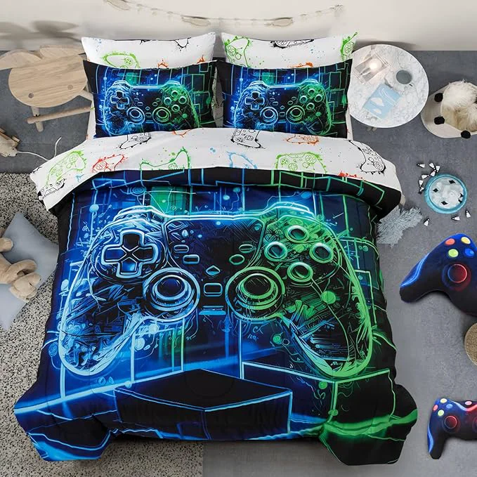 Superior A Nice Night 5Pcs Gaming Comforter Set Blue Green 3D Game Contoller Themed Keyboard Printing Bedding Sets for Kids Teen Boys Reversible Comforter for All Seasons Twin Safe