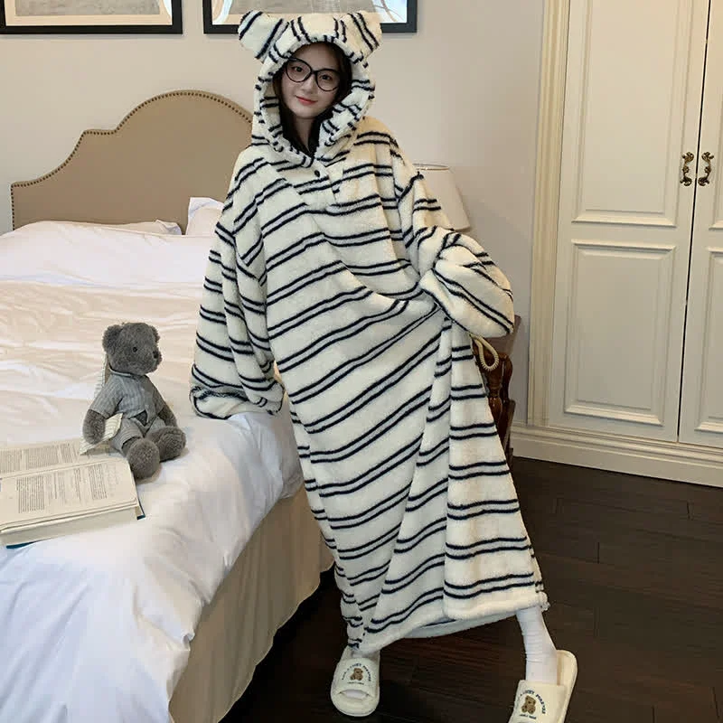 Trendy Ownkoti Striped Plush Robe with Bear-Ear Hood Genuine