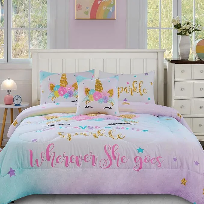 Versatile Cokouchyi Twin Comforter Set for Girls 5-Piece Bed in a Bag 3D Colorful Unicorn Bedding Comforter Sheet Set Ultra Soft and Fluffly Pink amp Rainbow Color Specialty