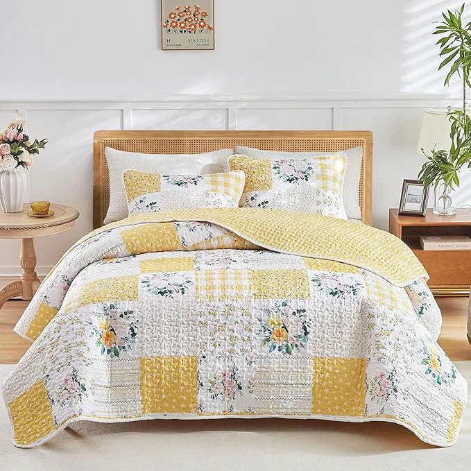 Eco-Friendly Joyreap 2 Pieces Floral Patchwork Quilt Set Twin Yellow n White Flowers Design Soft n Cozy Microfiber Quilt Bedspread Bed Cover for All Season 1 Quilt and 1 Pillow Sham- 68×86 inches Natural