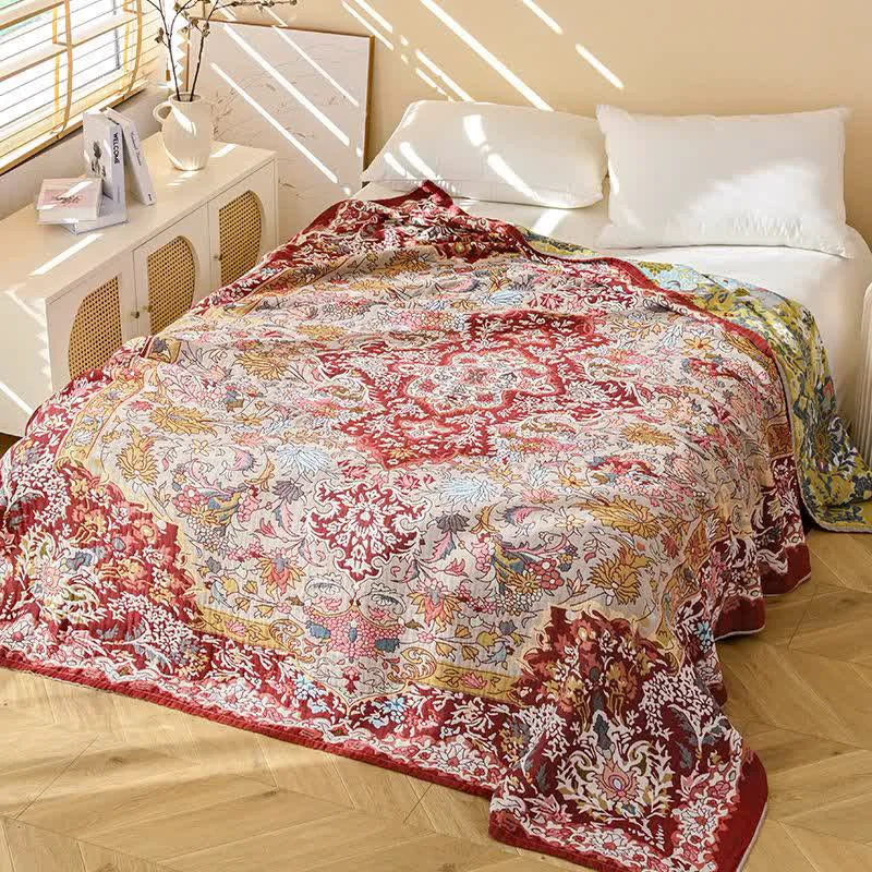 Certified Ownkoti Retro Red Floral Jacquard Cotton Quilt Fashionable
