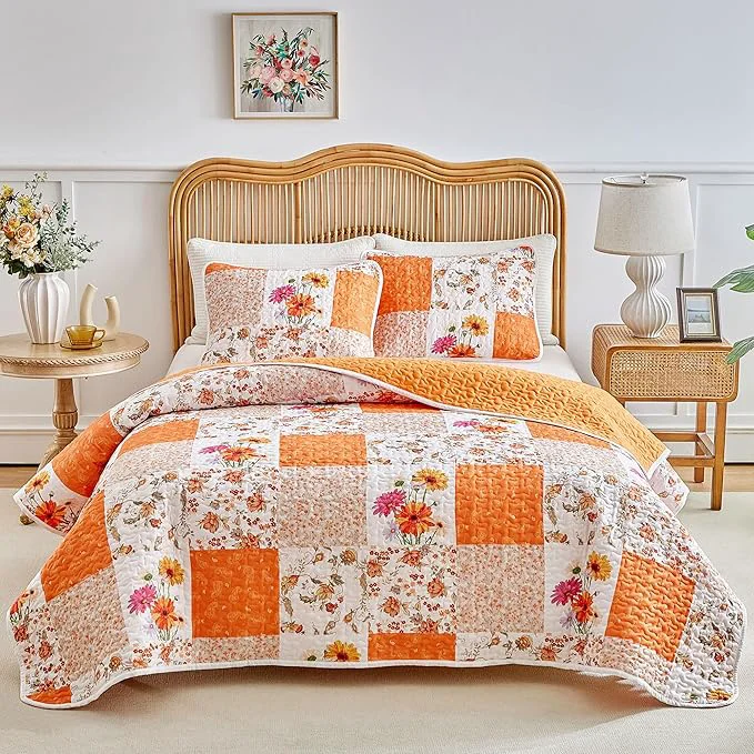 Superior Joyreap 3 Pieces Floral Patchwork Quilt Set Queen Orange n White Flowers Design Smooth Soft Microfiber Quilt Bedspread Bed Cover for All Season- 90×90 inches Efficient