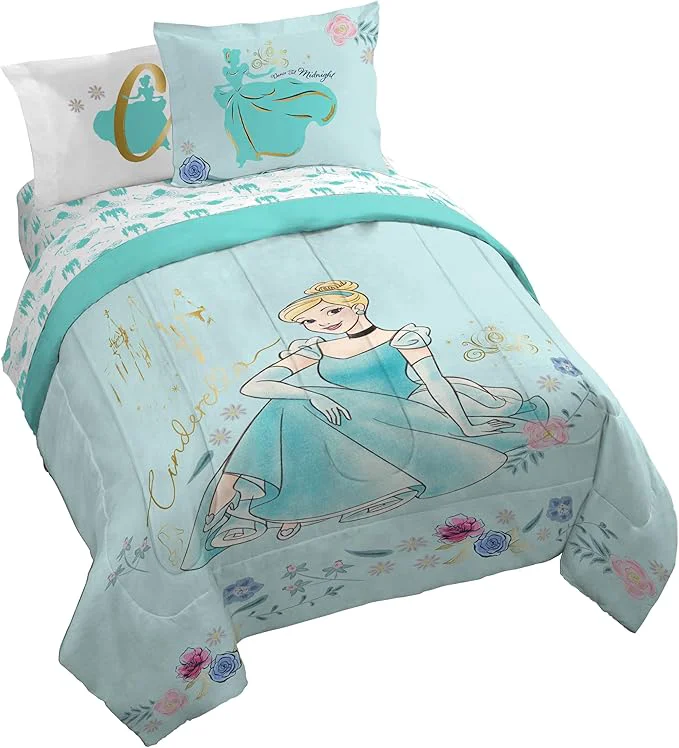 Jay Franco Kids Comforter Set Includes Sheets and Pillow Covers – Soft and Cozy Bed Set for Stylish Room Decor Licensed Bedding Blue – Cinderella 7 Piece Queen Reliable