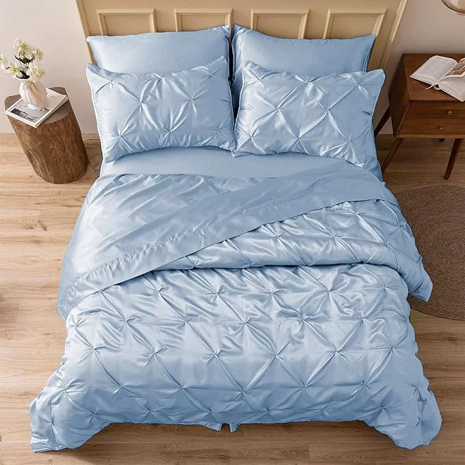 Stylish MR amp HM Satin Comforter King 7 Pieces – Luxurious Pinch Pleat Bedding Set with Comforter Flat Sheet Fitted Sheet Pillowcases amp Shams Super Silky Soft Bed Set for All Season King Blue Haze Clean