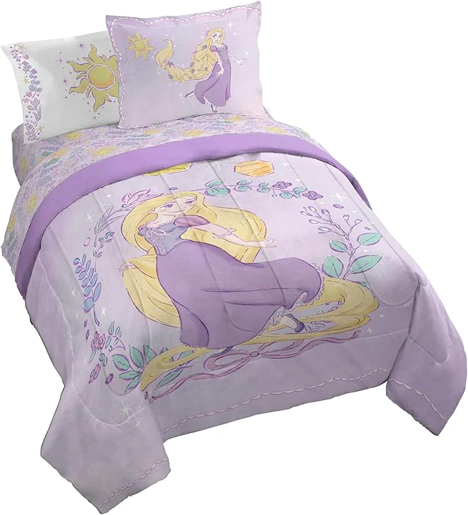 Authentic Jay Franco Kids Comforter Set Includes Sheets and Pillow Covers – Soft and Cozy Bed Set for Stylish Room Decor Purple – Disney Princess Rapunzel 7 Piece Queen Size Bedding Recyclable