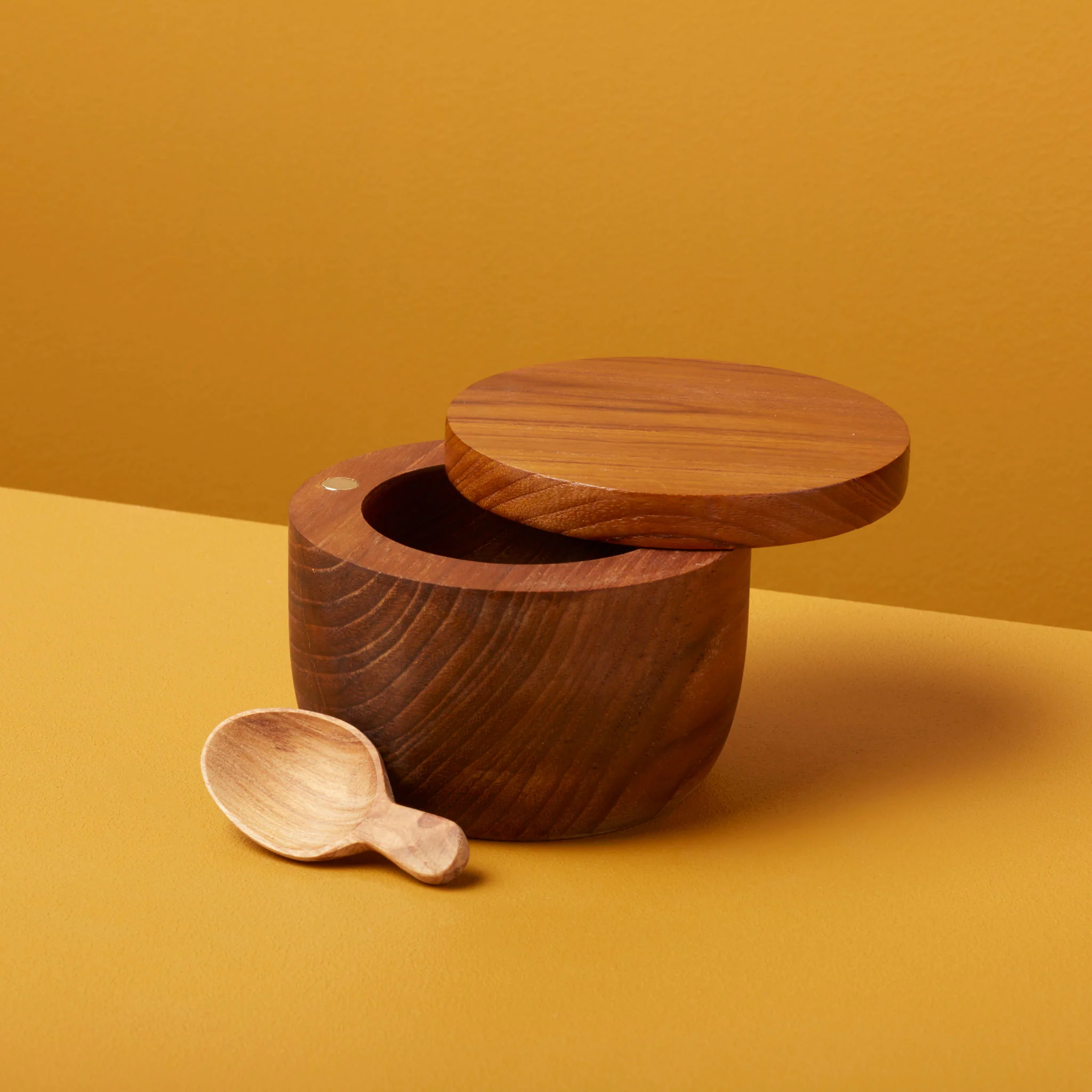 Fine Crafted Teak Cellar with Spoon amp Pivoting Lid Lightweight