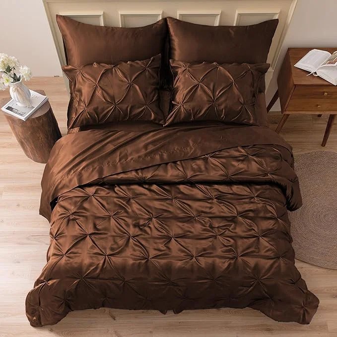 Flexible MR amp HM Satin Comforter Twin 5 Pieces – Luxurious Pinch Pleat Bedding Set with Comforter Flat Sheet Fitted Sheet Pillowcase amp Sham Super Silky Soft Bed Set for All Season Twin Brown Traditional