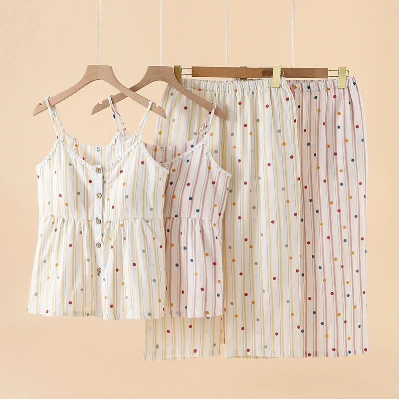 Trendy Ownkoti Striped Polka Dot Camisole Cotton Pajama Set Contemporary