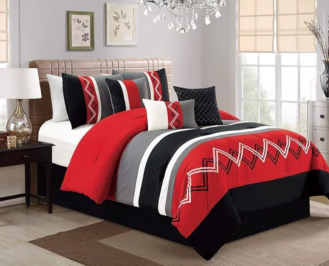 Advanced Chezmoi Collection Arden 7-Piece Modern Pleated Stripe Embroidered Zigzag Bedding Comforter Set California King Red Black Gray Off-White Consistent