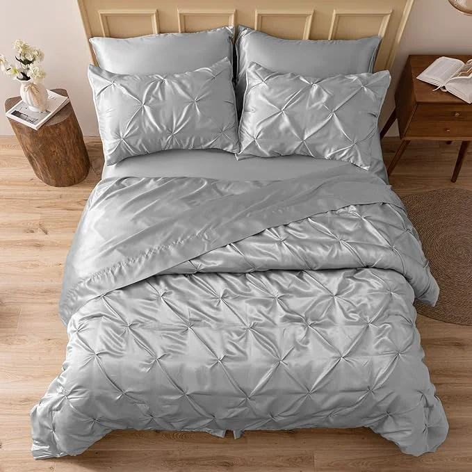 Responsible MR amp HM Satin Comforter King 7 Pieces – Luxurious Pinch Pleat Bedding Set with Comforter Flat Sheet Fitted Sheet Pillowcases amp Shams Super Silky Soft Bed Set for All Season King Silver Grey Luxury