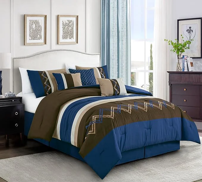 Premium Material Chezmoi Collection Arden 7-Piece Modern Pleated Stripe Embroidered Zigzag Bedding Comforter Set Oversized King Coffee Brown Navy White High-Grade