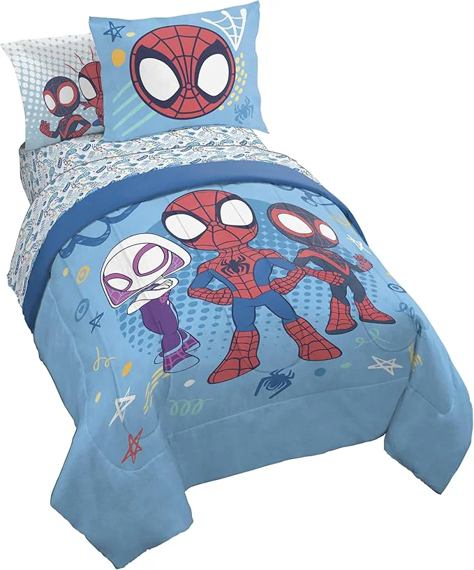 Enhanced Jay Franco Kids Comforter Set Includes Sheets and Pillow Covers – Soft and Cozy Bed Set for Stylish Room Decor Light Blue – Spidey amp His Friends 5 Piece Twin Bedding High-Quality