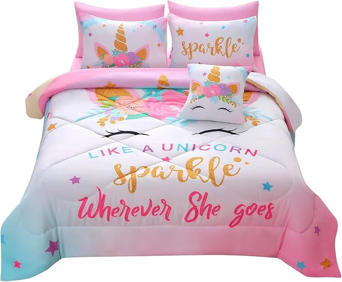 Innovative JQinHome Unicorn Queen Bedding Sets for Girls Kids 8 Piece Bed in A Bag 3D Colorful Flower Girl Unicorn Comforter Set with Sheet Set Sparkle Luxury