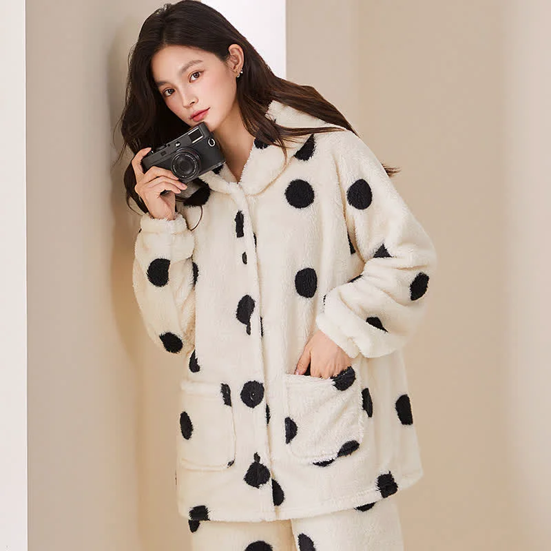 Artisan Ownkoti Polka Dot Hooded Plush Loungewear Set Solid