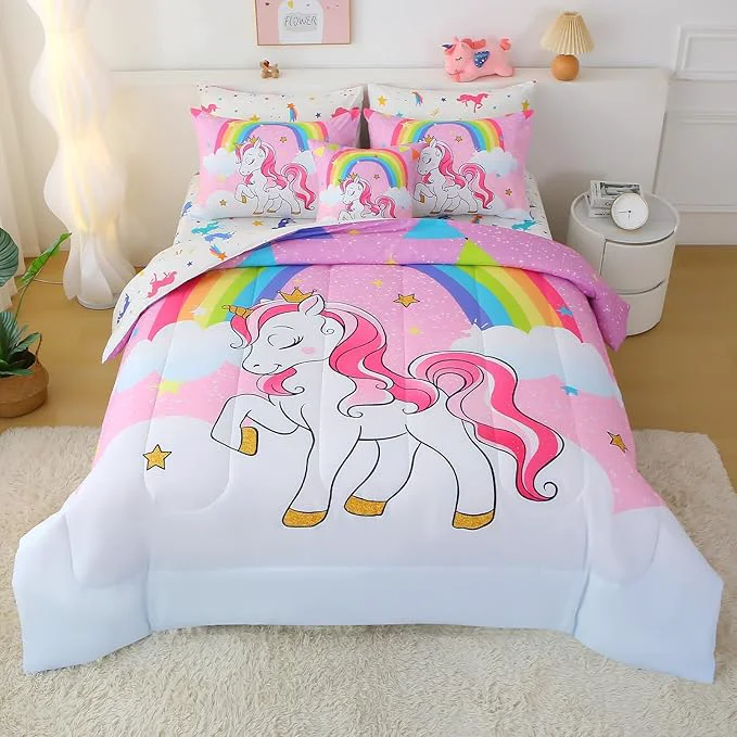 Practical JQinHome Unicorn Twin Bedding Sets for Girls Kids 6 Piece Bed in A Bag 3D Pink Sky Rainbow Clouds Theme Unicorn Comforter Set with Sheet Set Pink Purple Elite