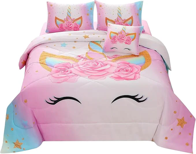 Fine JQinHome Unicorn Full Bedding Sets for Girls Kids 6 Piece Bed in A Bag 3D Colorful Flower Girl Unicorn Comforter Set 1 Comforter 2 Pillowcases 1 Flat Sheet 1 Fitted Sheet 1 Cushion Cover Advanced