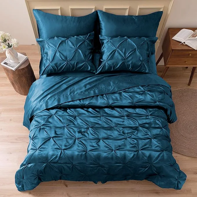 Stylish MR amp HM Satin Comforter Twin 5 Pieces – Luxurious Pinch Pleat Bedding Set with Comforter Flat Sheet Fitted Sheet Pillowcase amp Sham Super Silky Soft Bed Set for All Season Twin Teal Quality