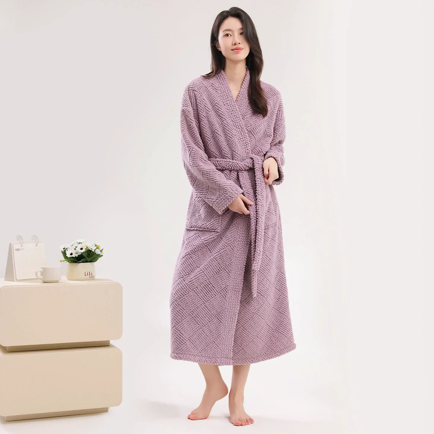 Practical Ownkoti Striped Diamond Textured Plush Robe Elegant