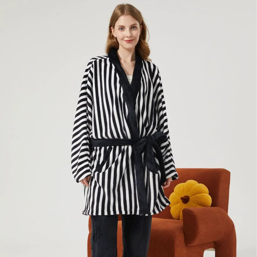 Detailed Ownkoti Stripe Kimono Style Plush Loungewear Set Fine Crafted