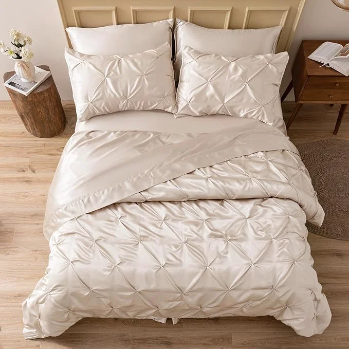 Fine Crafted MR amp HM Satin Comforter King 7 Pieces – Luxurious Pinch Pleat Bedding Set with Comforter Flat Sheet Fitted Sheet Pillowcases amp Shams Super Silky Soft Bed Set for All Season King Beige World-Class