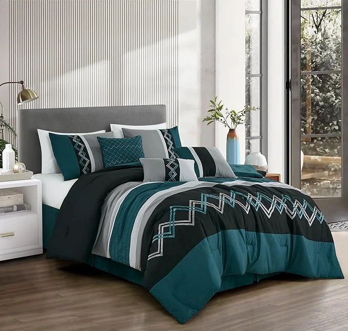 Stylish Chezmoi Collection Arden 7-Piece Modern Pleated Stripe Embroidered Zigzag Bedding Comforter Set California King Teal Black Gray Flexible