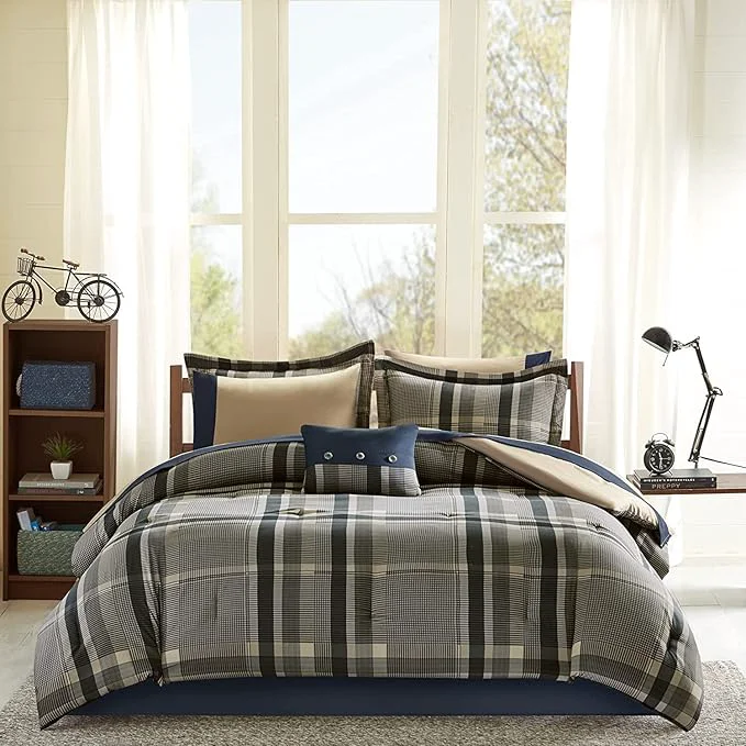 Unique Intelligent Design Robbie 9-Piece Full Comforter Set – Lightweight All-Season Plaid Bedding Navy Tan Cozy Bed-in-a-Bag with Matching Shams amp Decorative Pillow Modern Casual Style Eco-Friendly