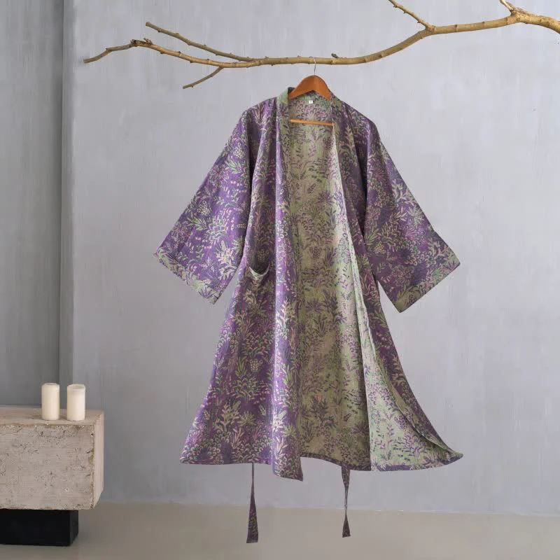 Premium Material Ownkoti Botanical Plant Cotton Gauze Kimono Robe Fine