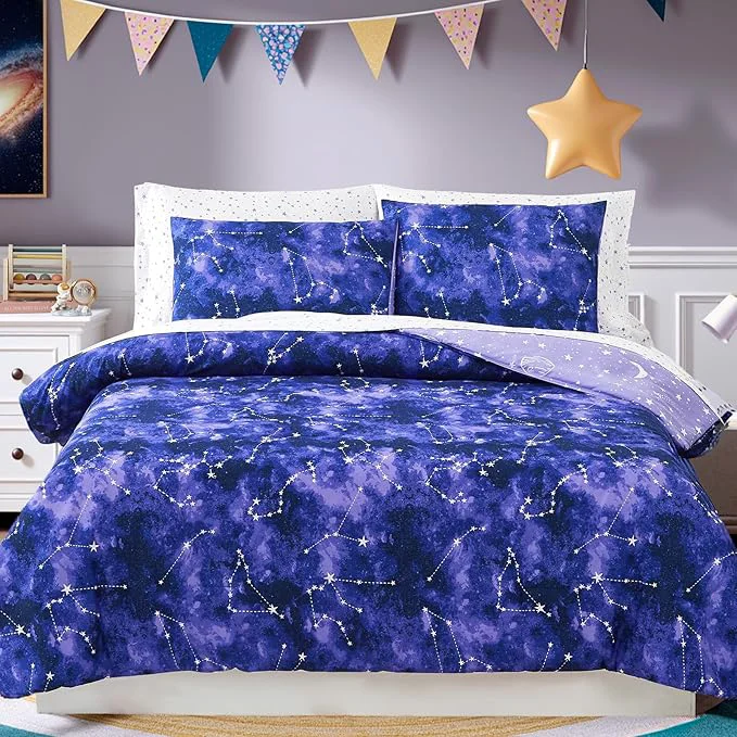 Sophisticated Full Size Comforter Set -7 Pieces Girls Boys Galaxy Glow in the Dark Full Bedding Sets for Kids Ultra Soft Bed in A Bag with Sheets First-Class