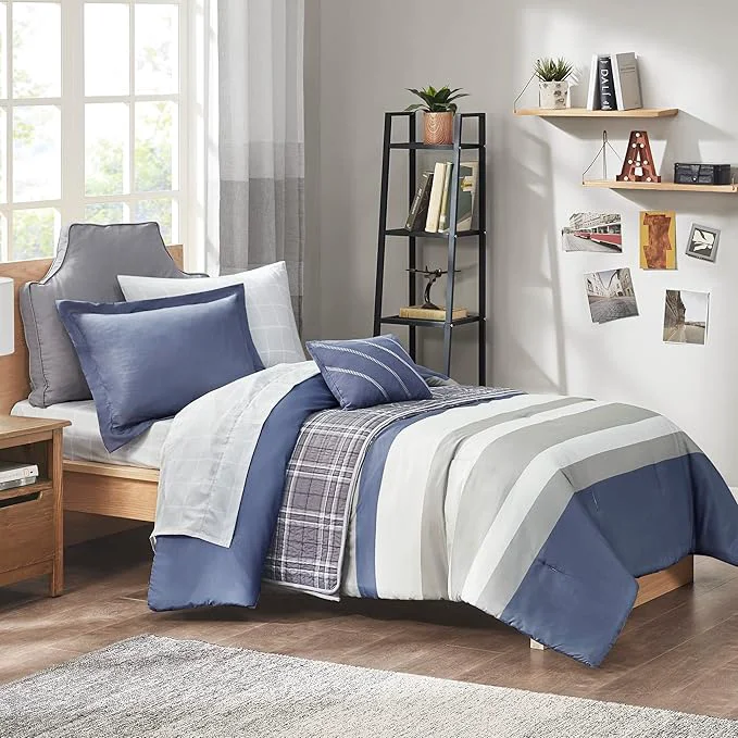 Healthy Intelligent Design Marsden Comforter Stripes Design Embroidered Toss Pillow Casual All Season Bedding Matching Sham and Complete Sheet Set Twin XL Blue Grey 6 Piece Convenient