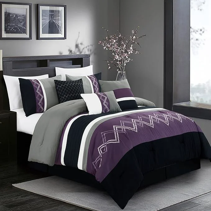 Flexible Chezmoi Collection Arden 7-Piece Modern Pleated Stripe Embroidered Zigzag Bedding Comforter Set Full Purple Black Gray White Sustainable