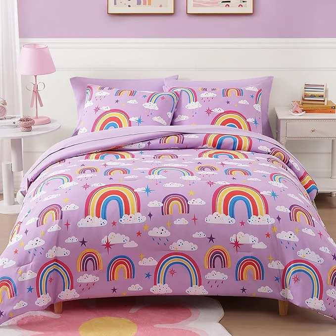 Contemporary Full Size Comforter Set for Girls-7 Pieces Purple Rainbow Glow in the Dark Full Bedding Sets for Kids Ultra Soft Bed in A Bag with Sheets Exclusive