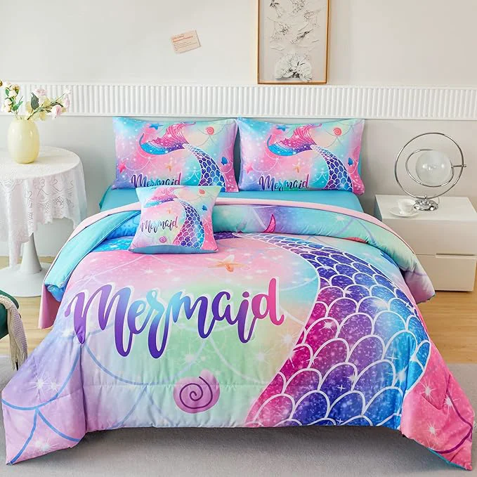 Comfortable RYNGHIPY Mermaid Full Girls Bedding Set Colorful Rainbow Kids Girls Comforter Set with Sheets Soft and Lightweight 6 Pieces Teen Girls Bed in a Bag Casual