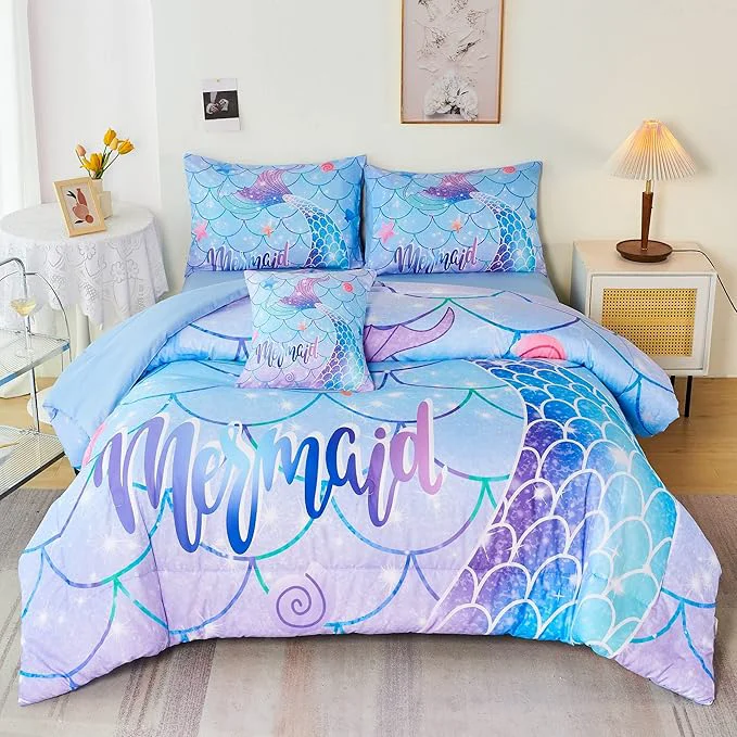 Versatile RYNGHIPY 6Pcs Mermaid Tail Comforter Set for Kids Girls Mermaid Fish Scale Bed in a Bag Twin Size Sparkle Teal Purple Rainbow Bedroom Decor Bedding Set Artisan